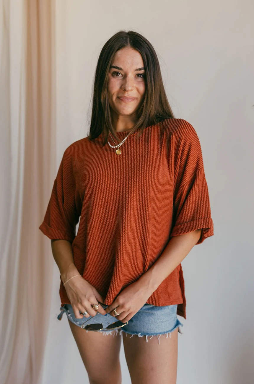 Rhea Rust Ribbed Short Sleeve Top