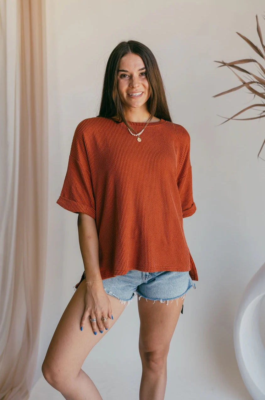 Rhea Rust Ribbed Short Sleeve Top - Image 3