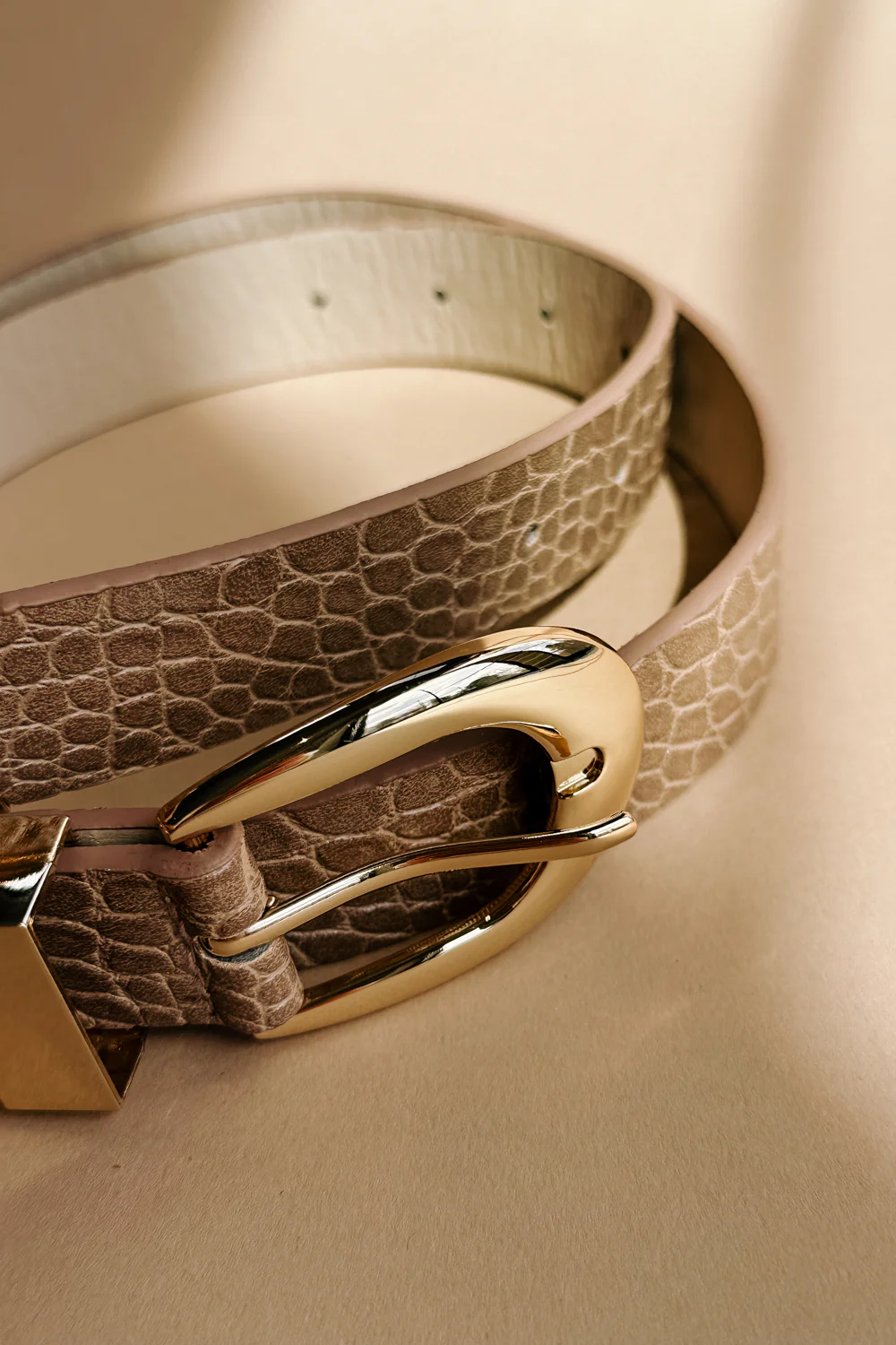Rhea Taupe Croc & Gold Buckle Belt