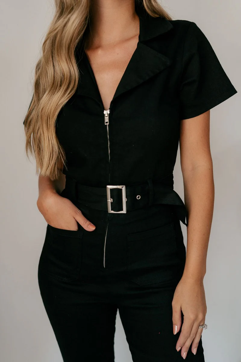 Rielle Black Belted Short Sleeve Jumpsuit - Image 3