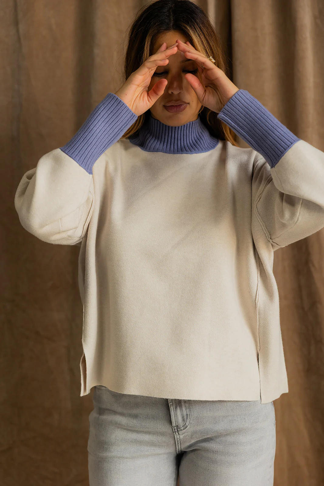 Riley Ecru & Dusty Blue Knit Sweater - Image 2