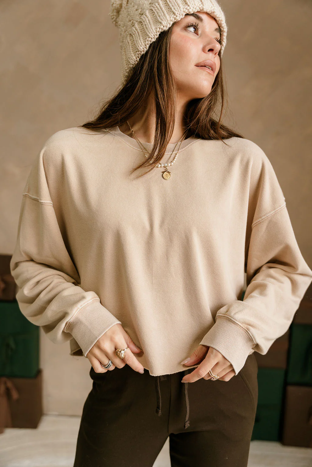Riley Washed Taupe Cropped Pullover - Image 3