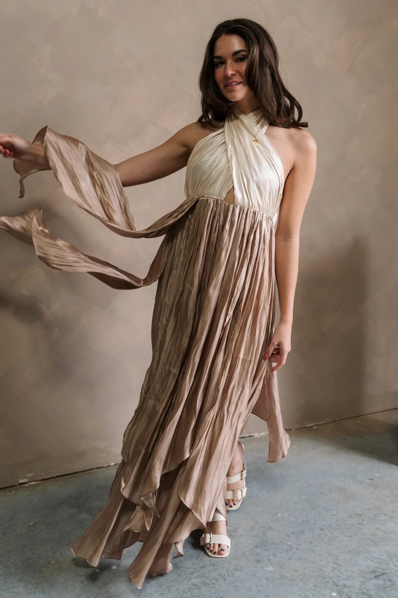 Rosalia Cream & Taupe Layered Satin Midi Dress