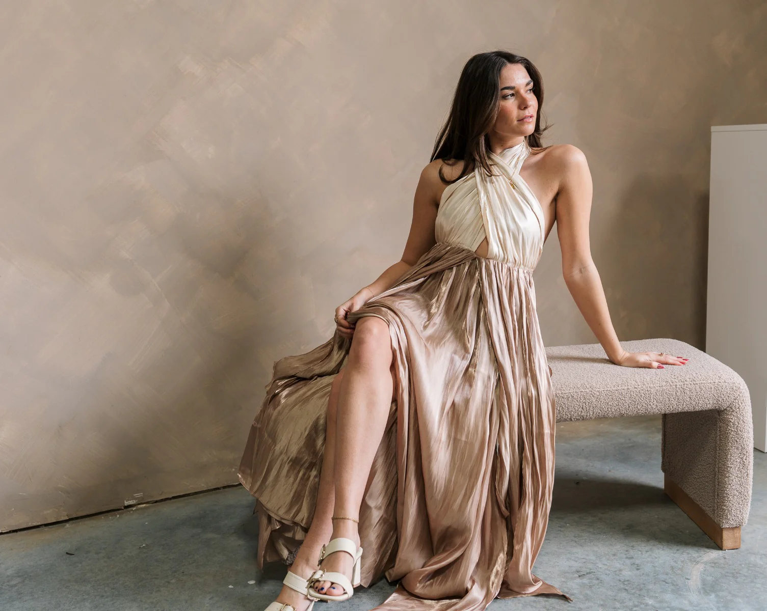 Rosalia Cream & Taupe Layered Satin Midi Dress - Image 11