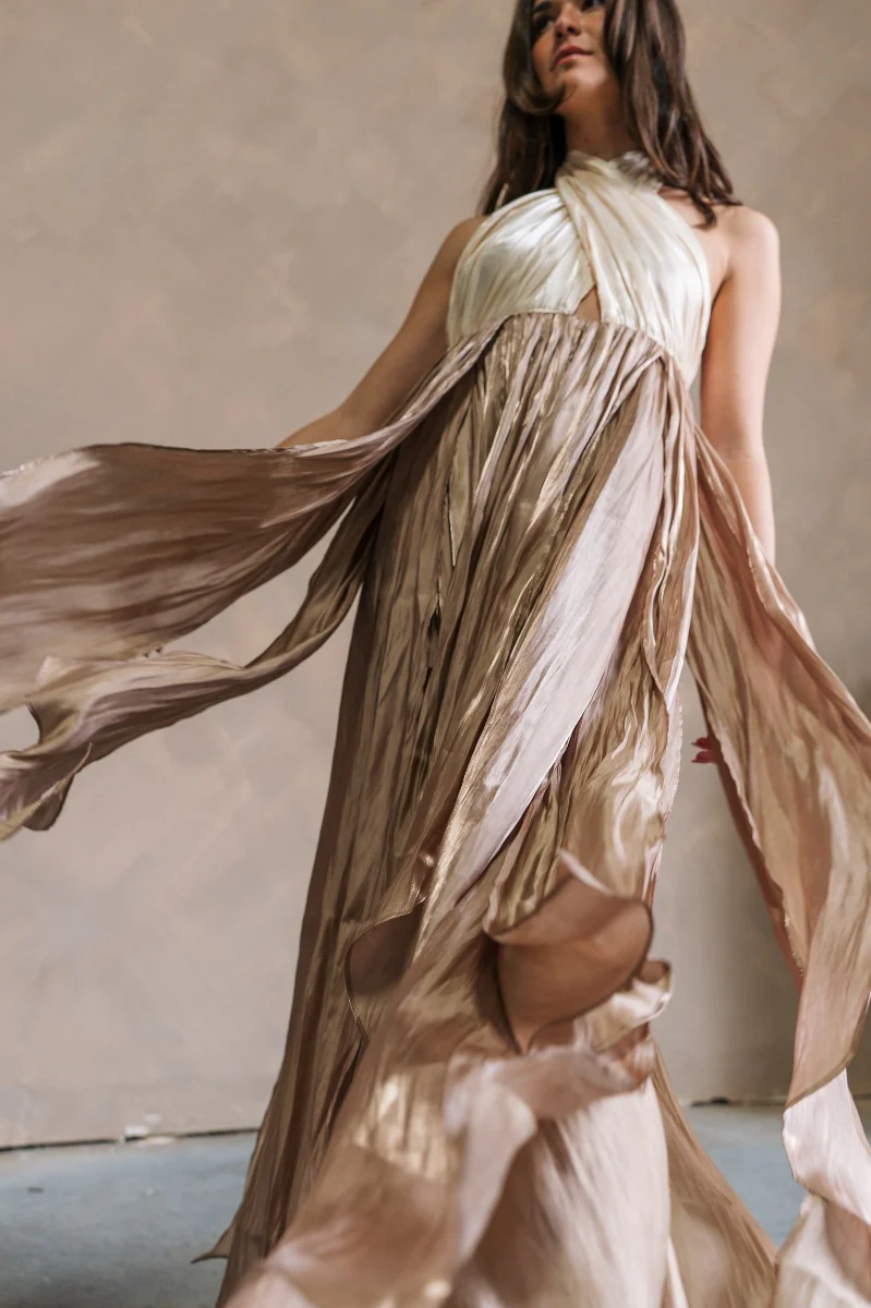 Rosalia Cream & Taupe Layered Satin Midi Dress - Image 12
