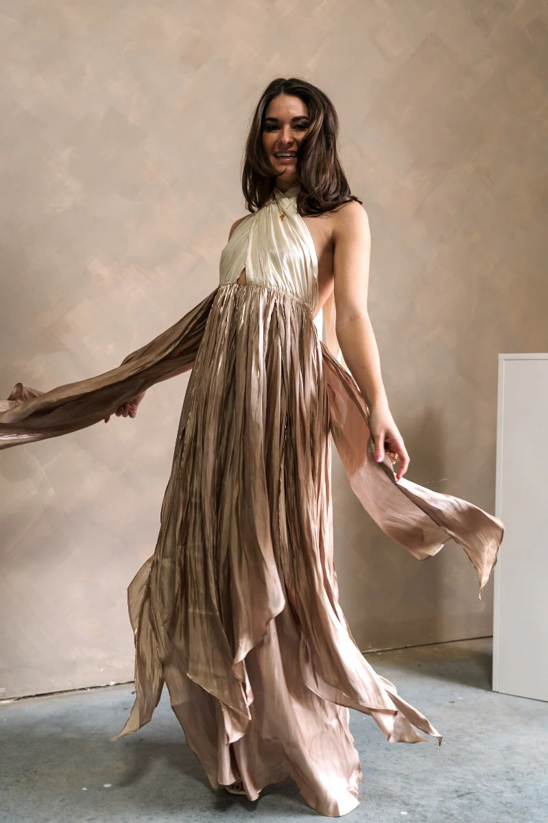 Rosalia Cream & Taupe Layered Satin Midi Dress - Image 2