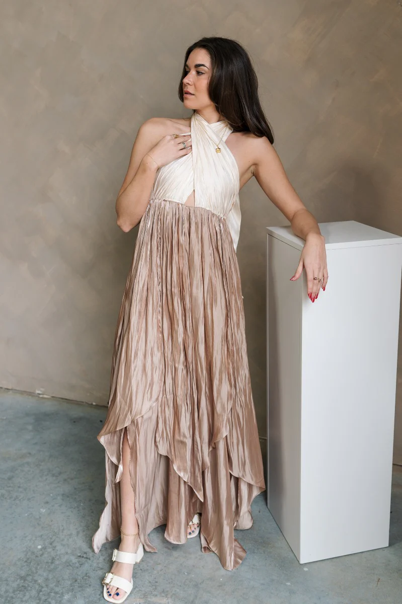 Rosalia Cream & Taupe Layered Satin Midi Dress - Image 3