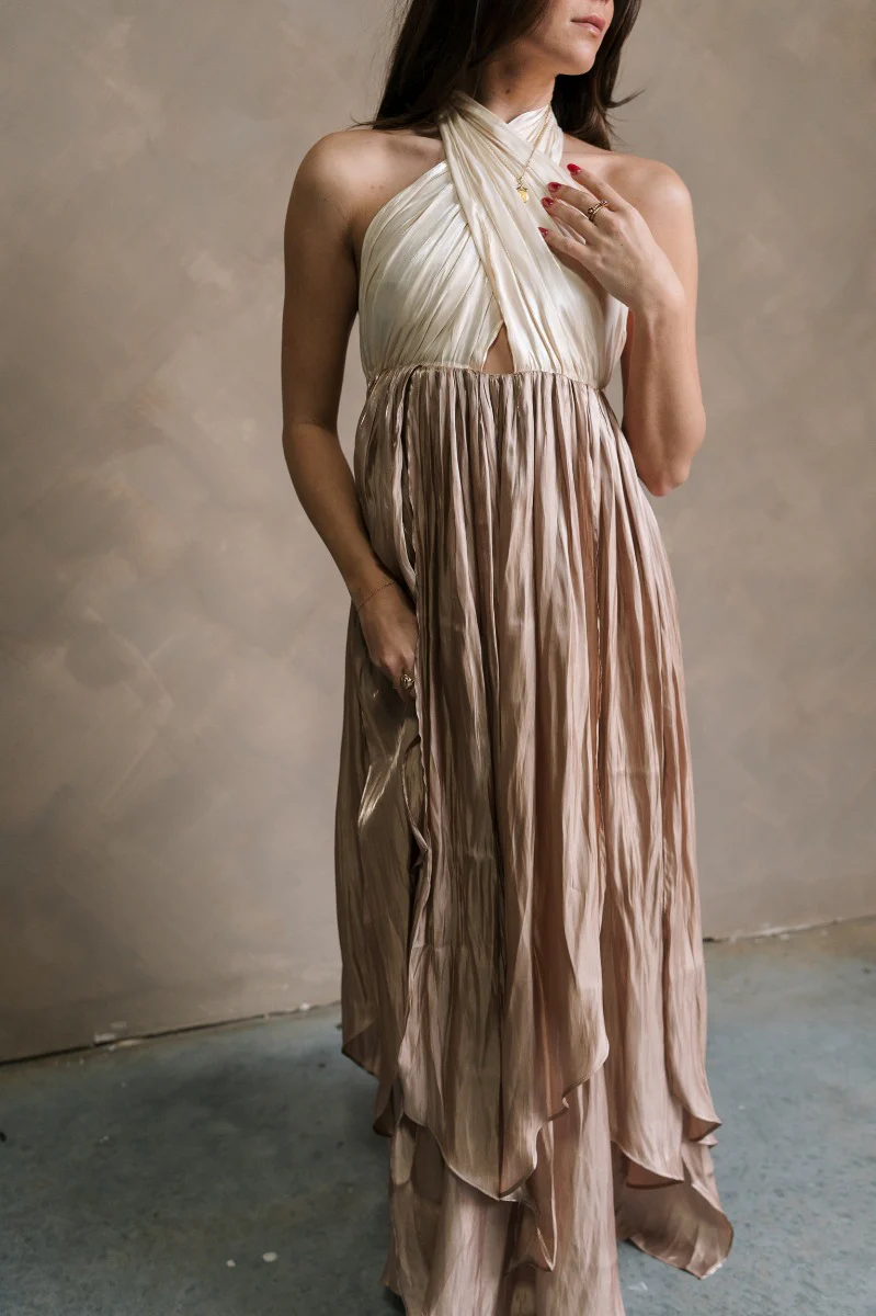Rosalia Cream & Taupe Layered Satin Midi Dress - Image 4