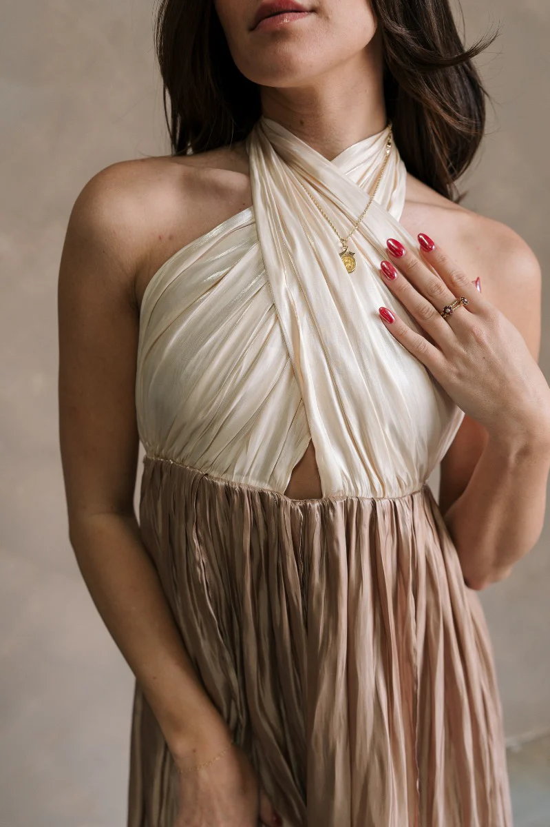 Rosalia Cream & Taupe Layered Satin Midi Dress - Image 5