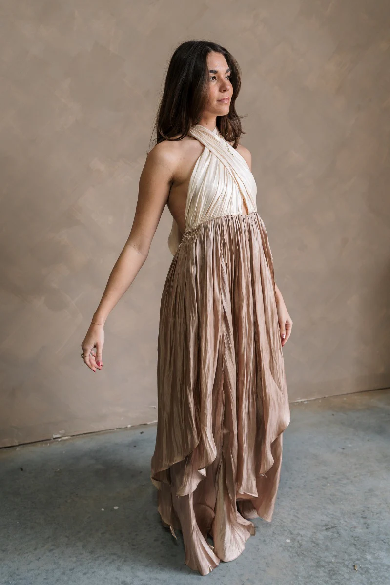 Rosalia Cream & Taupe Layered Satin Midi Dress - Image 6