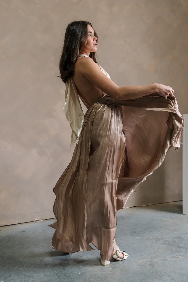 Rosalia Cream & Taupe Layered Satin Midi Dress - Image 7