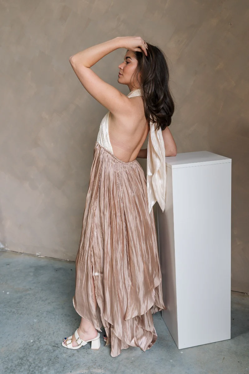 Rosalia Cream & Taupe Layered Satin Midi Dress - Image 8