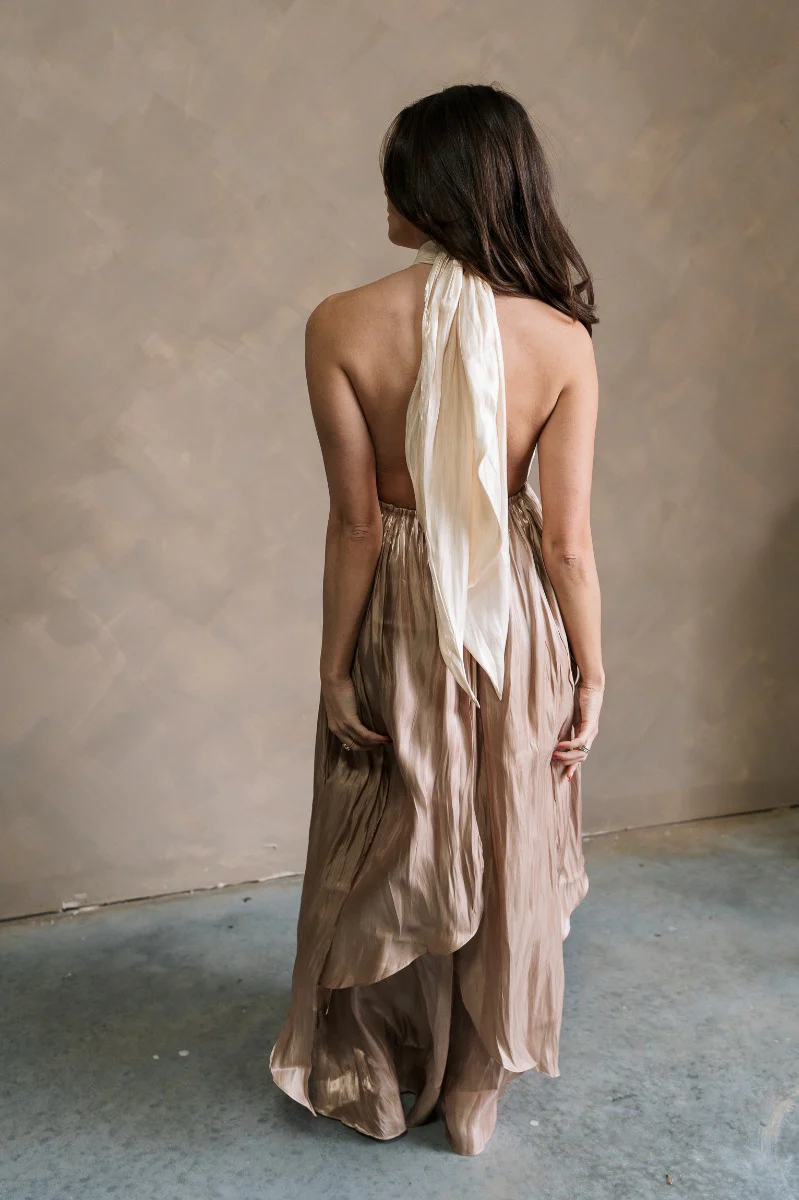 Rosalia Cream & Taupe Layered Satin Midi Dress - Image 9