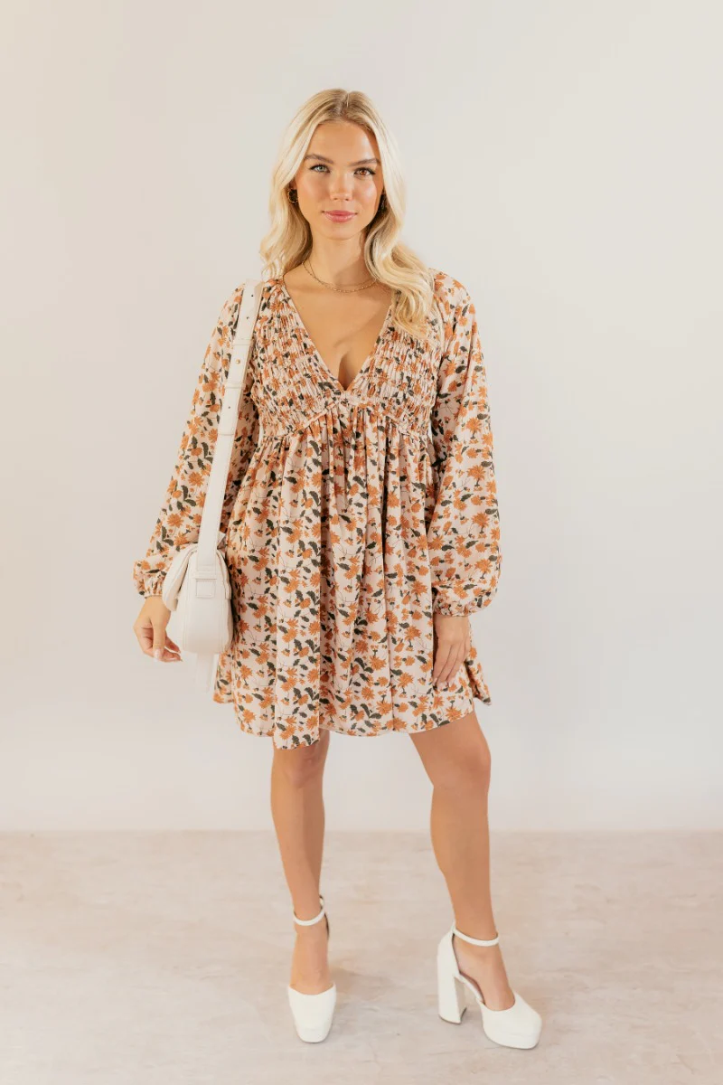 Rosalie Cream Floral Long Sleeve Mini Dress