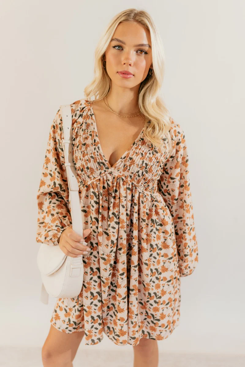 Rosalie Cream Floral Long Sleeve Mini Dress - Image 3