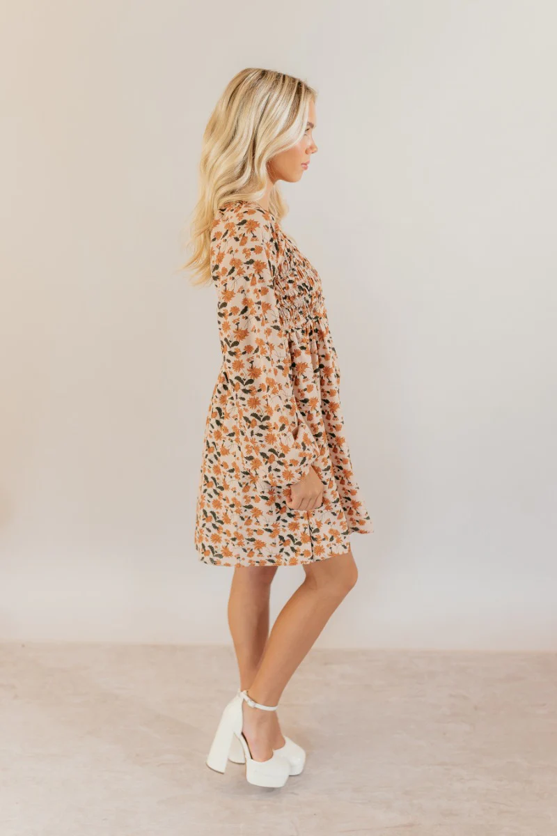 Rosalie Cream Floral Long Sleeve Mini Dress - Image 6