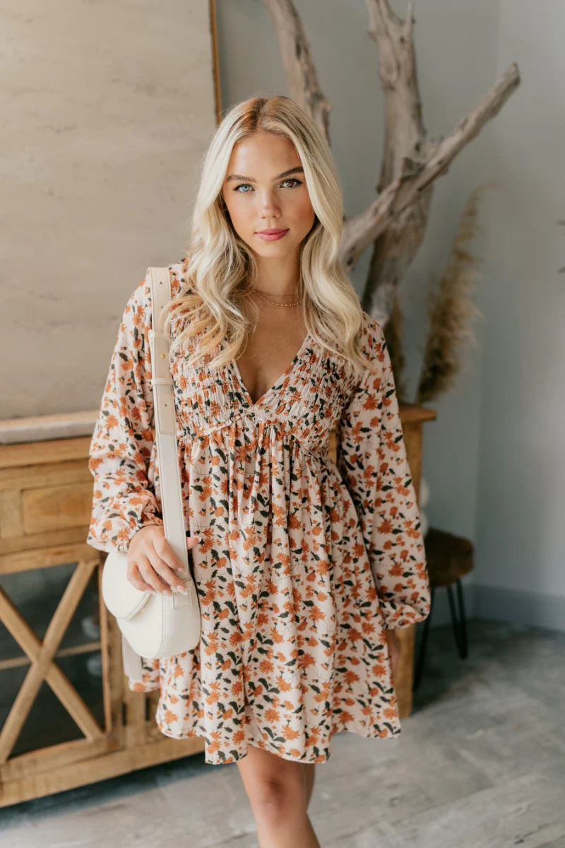 Rosalie Cream Floral Long Sleeve Mini Dress - Image 9