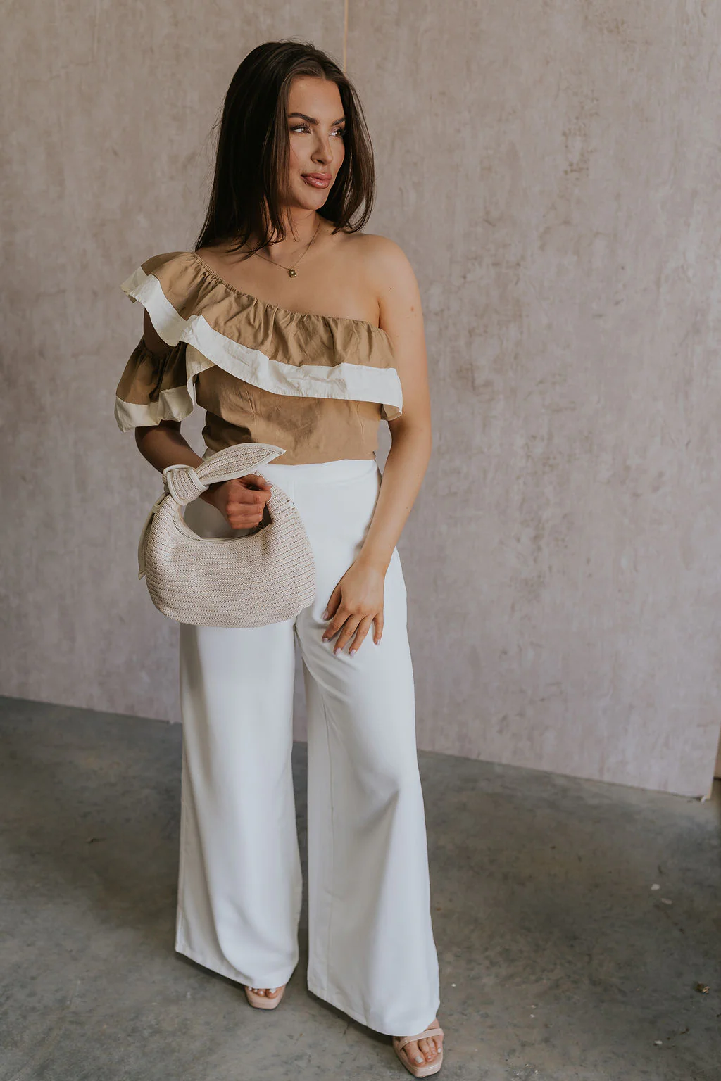 Rosalie Khaki & Cream Ruffle One-Shoulder Top