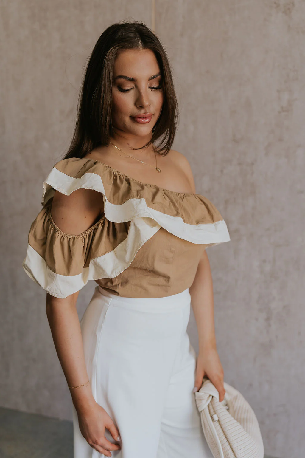 Rosalie Khaki & Cream Ruffle One-Shoulder Top - Image 4