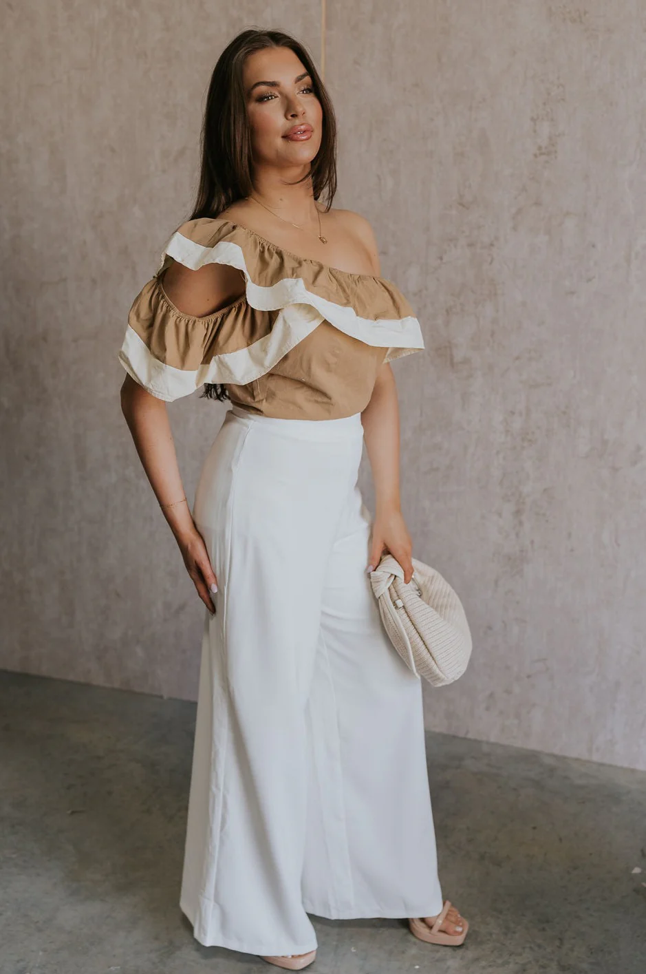 Rosalie Khaki & Cream Ruffle One-Shoulder Top - Image 5