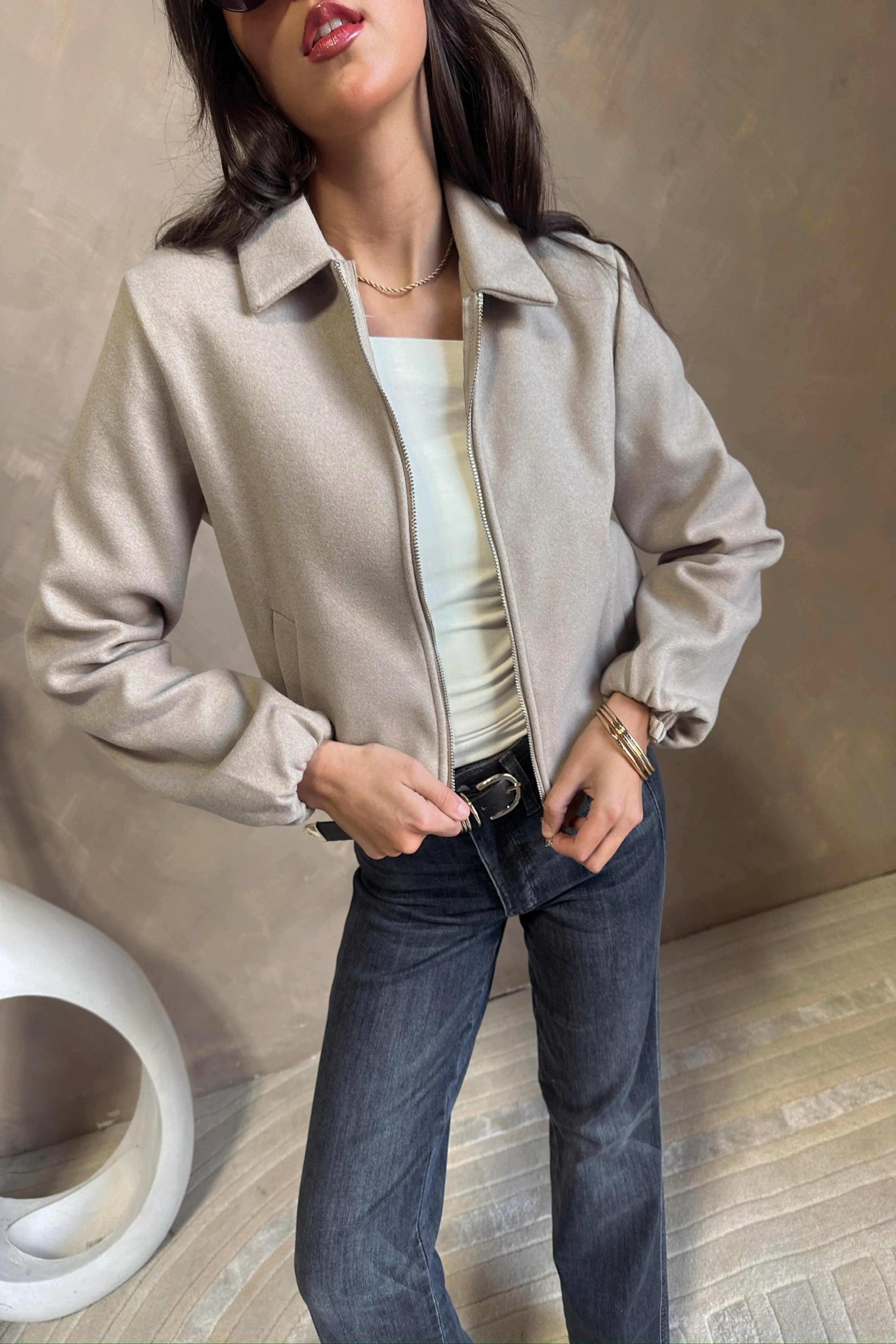 Rosalind Beige Zip-Up Bomber Jacket
