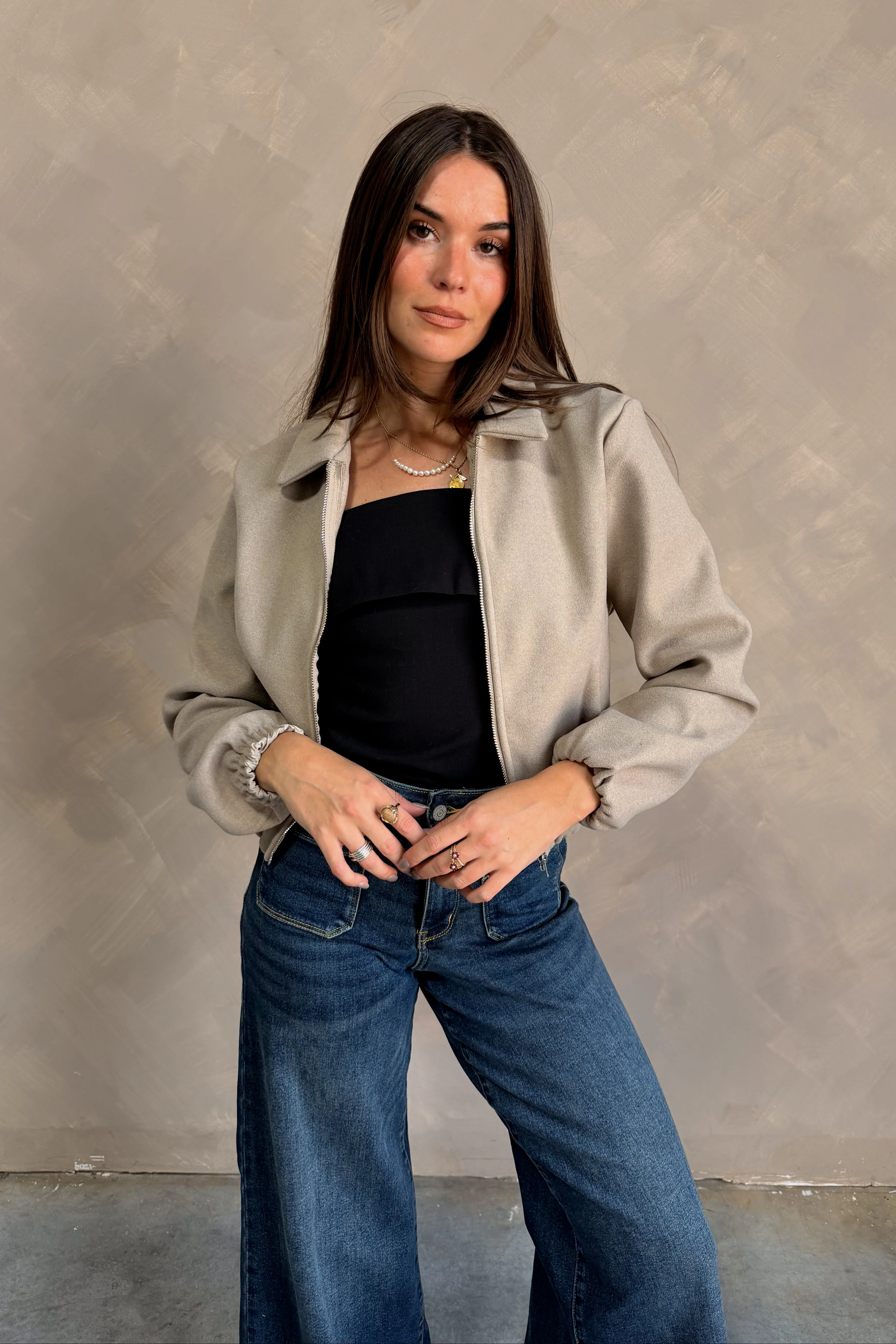 Rosalind Beige Zip-Up Bomber Jacket - Image 2