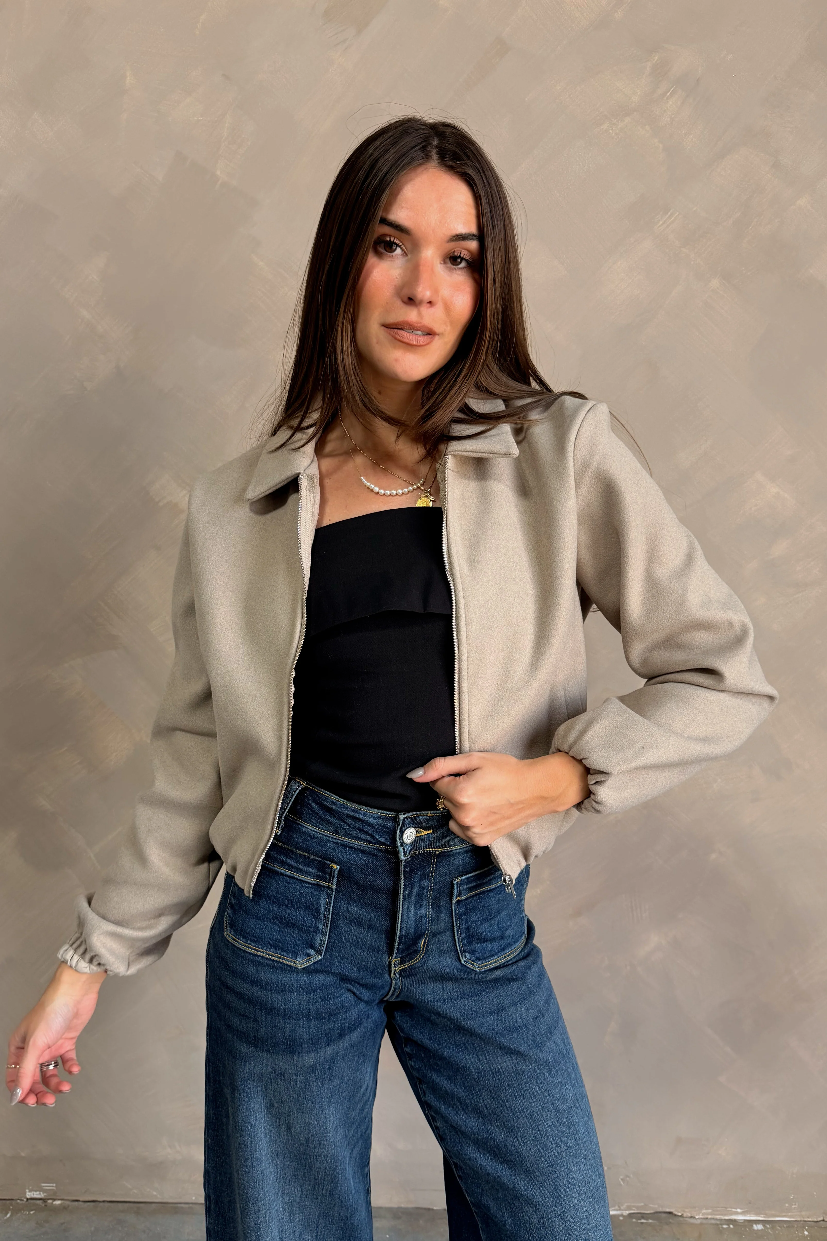 Rosalind Beige Zip-Up Bomber Jacket - Image 3