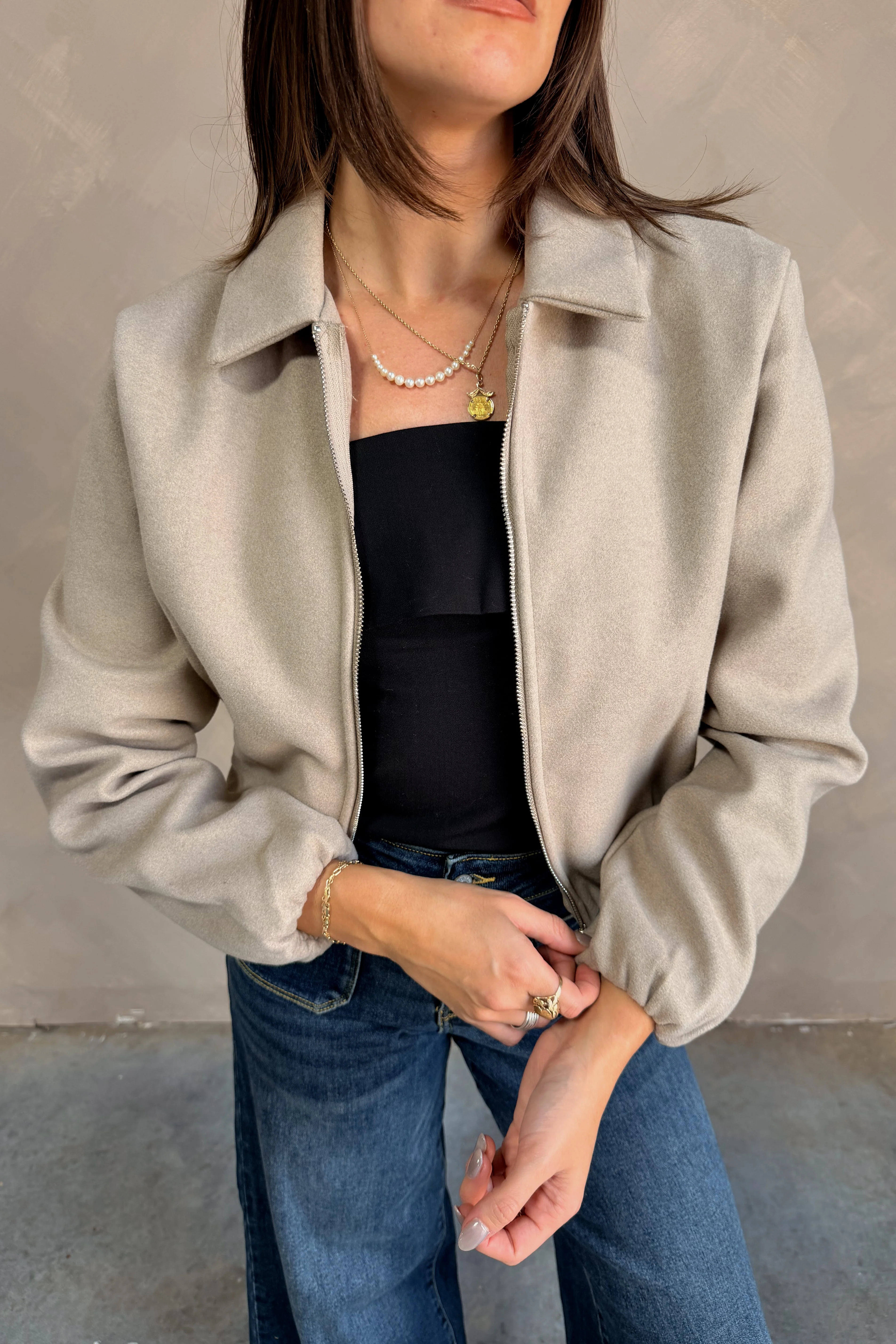 Rosalind Beige Zip-Up Bomber Jacket - Image 4