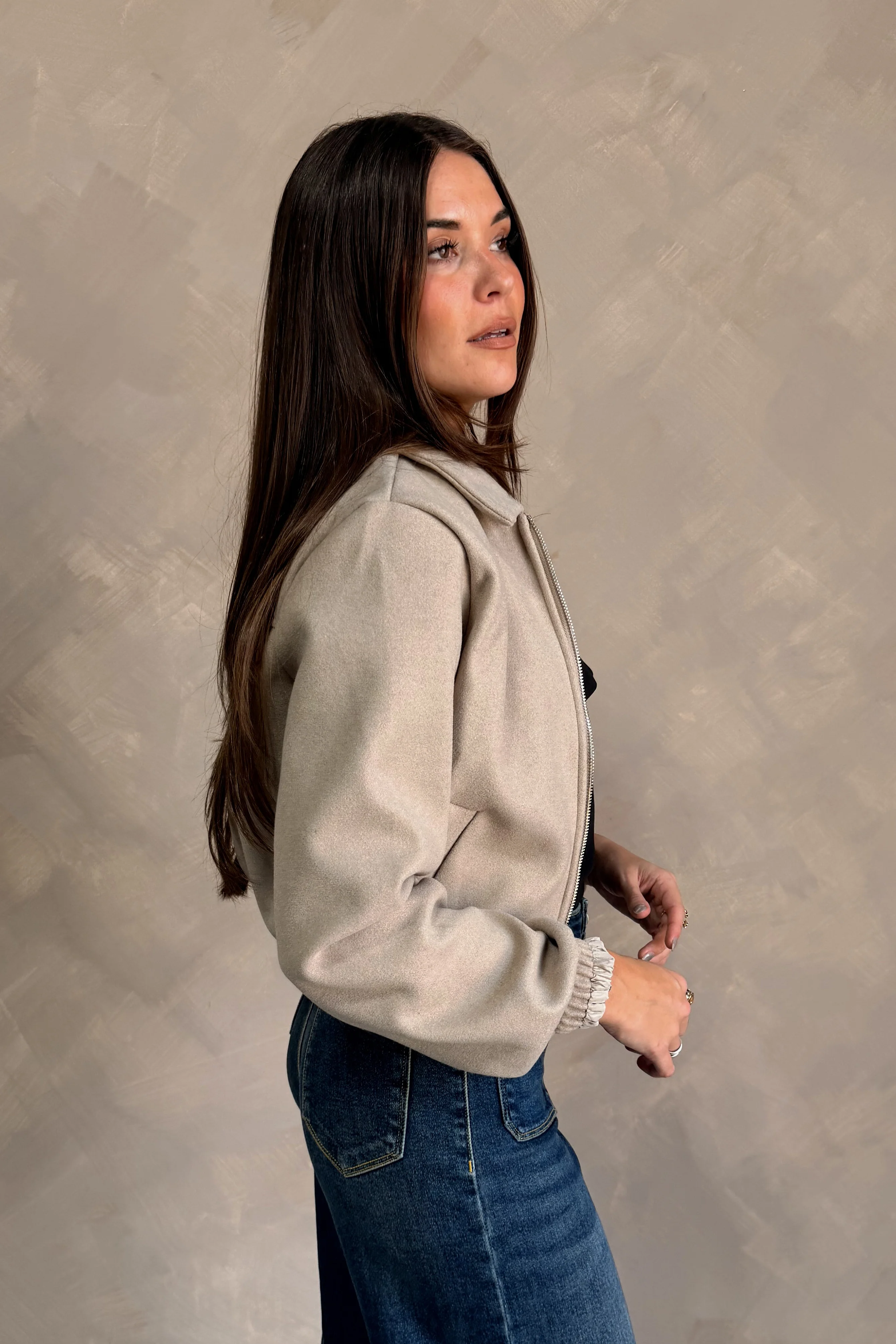 Rosalind Beige Zip-Up Bomber Jacket - Image 7