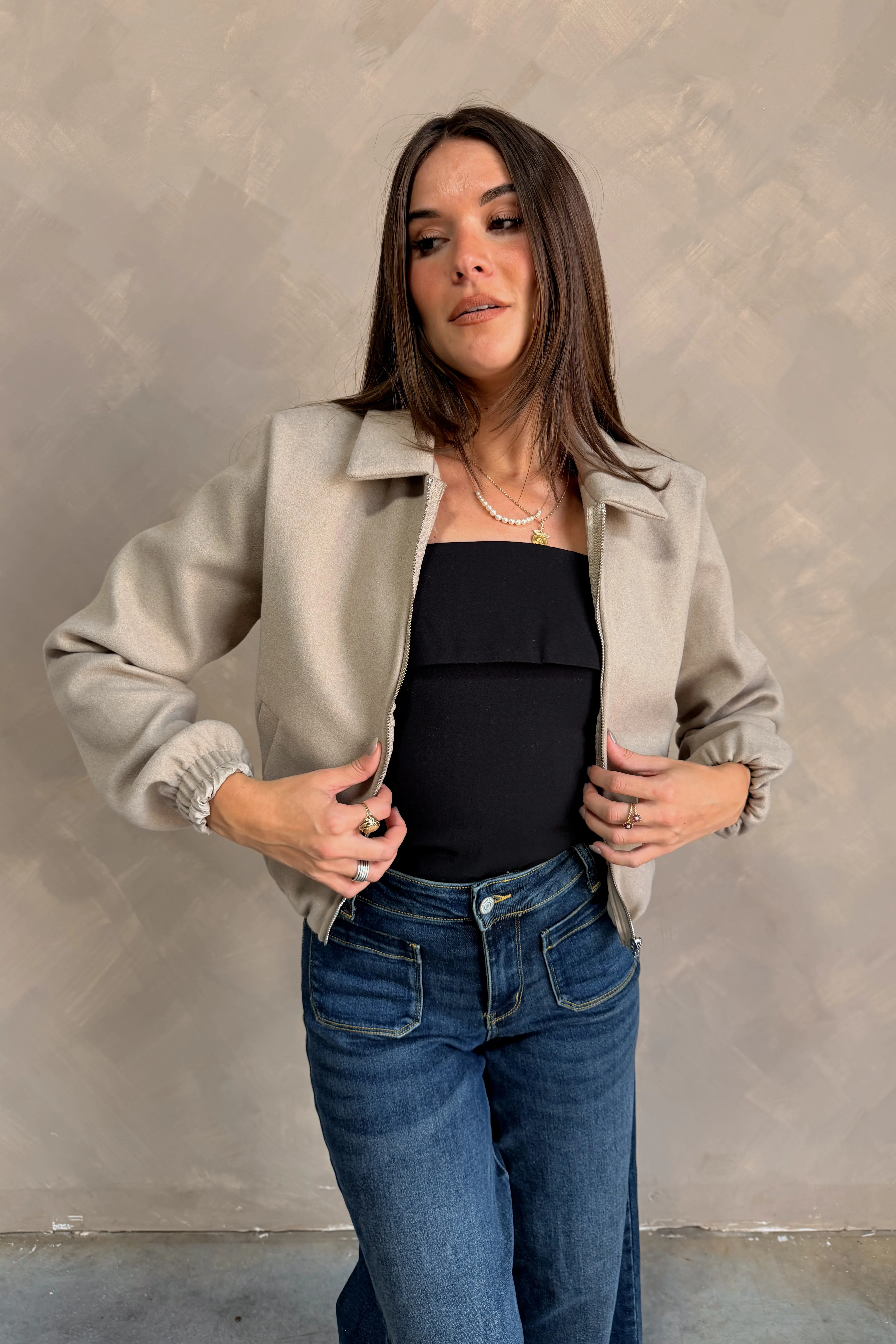 Rosalind Beige Zip-Up Bomber Jacket - Image 8