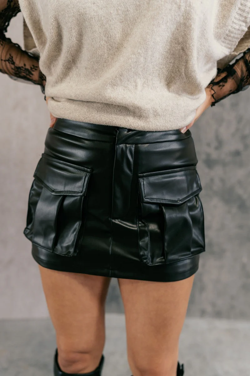 Rosie Black Faux Leather Cargo Skort - Image 2