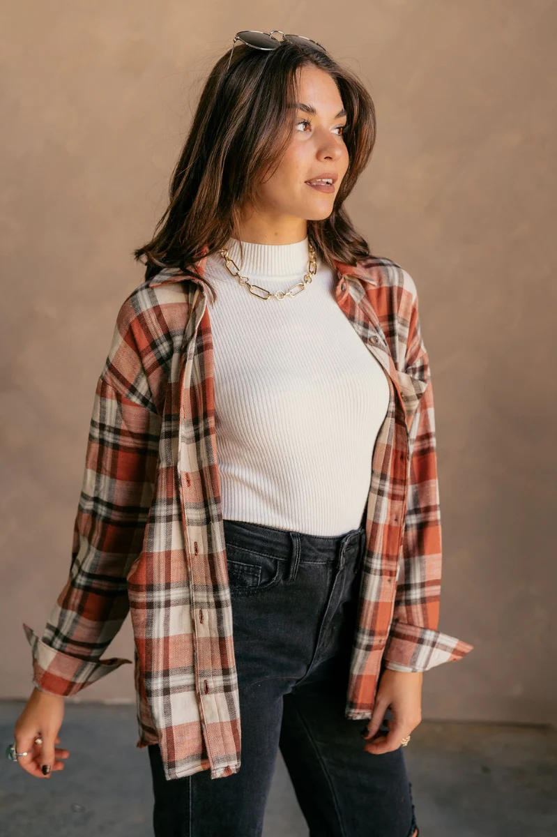 Rowan Rust Multi Plaid Button Up Long Sleeve Top
