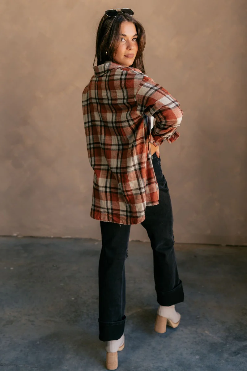 Rowan Rust Multi Plaid Button Up Long Sleeve Top - Image 10