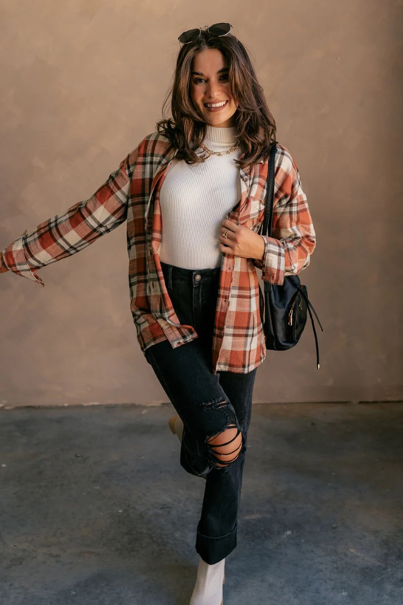 Rowan Rust Multi Plaid Button Up Long Sleeve Top - Image 2