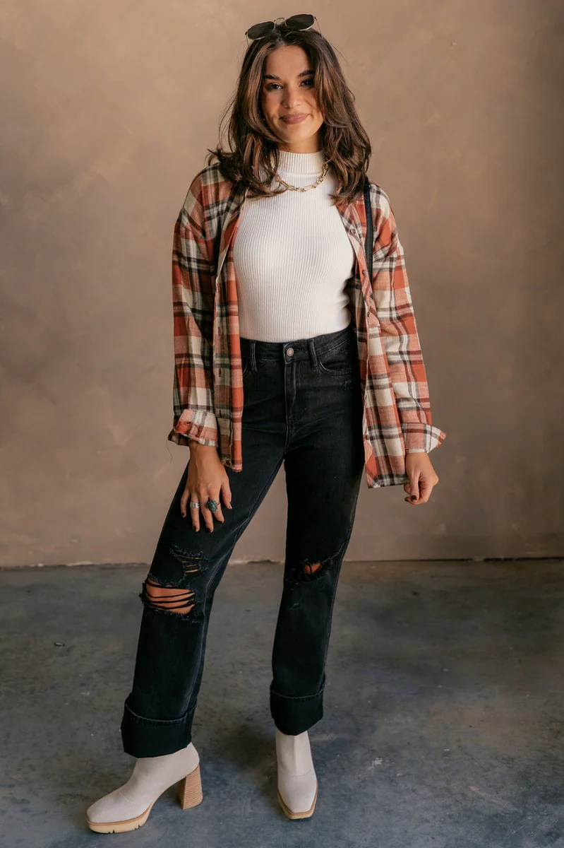 Rowan Rust Multi Plaid Button Up Long Sleeve Top - Image 3