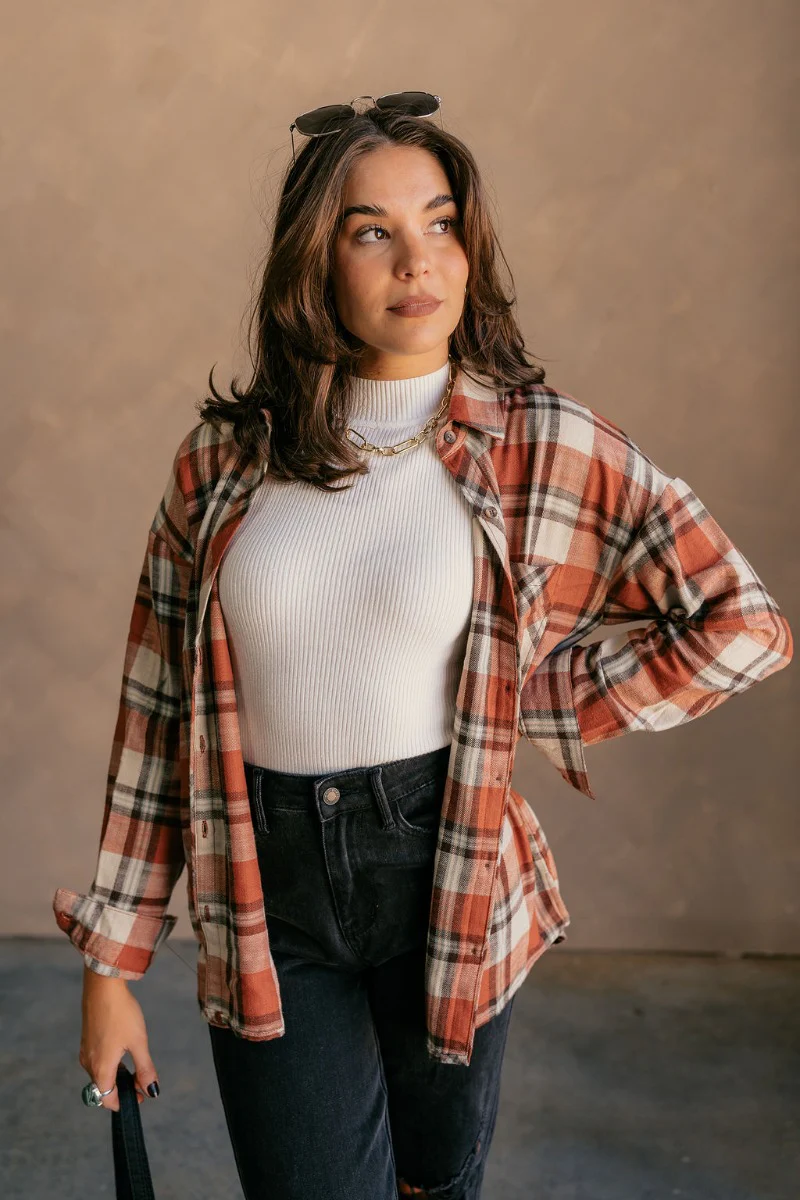 Rowan Rust Multi Plaid Button Up Long Sleeve Top - Image 4