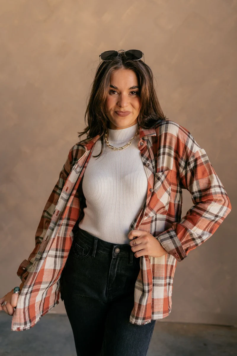 Rowan Rust Multi Plaid Button Up Long Sleeve Top - Image 5