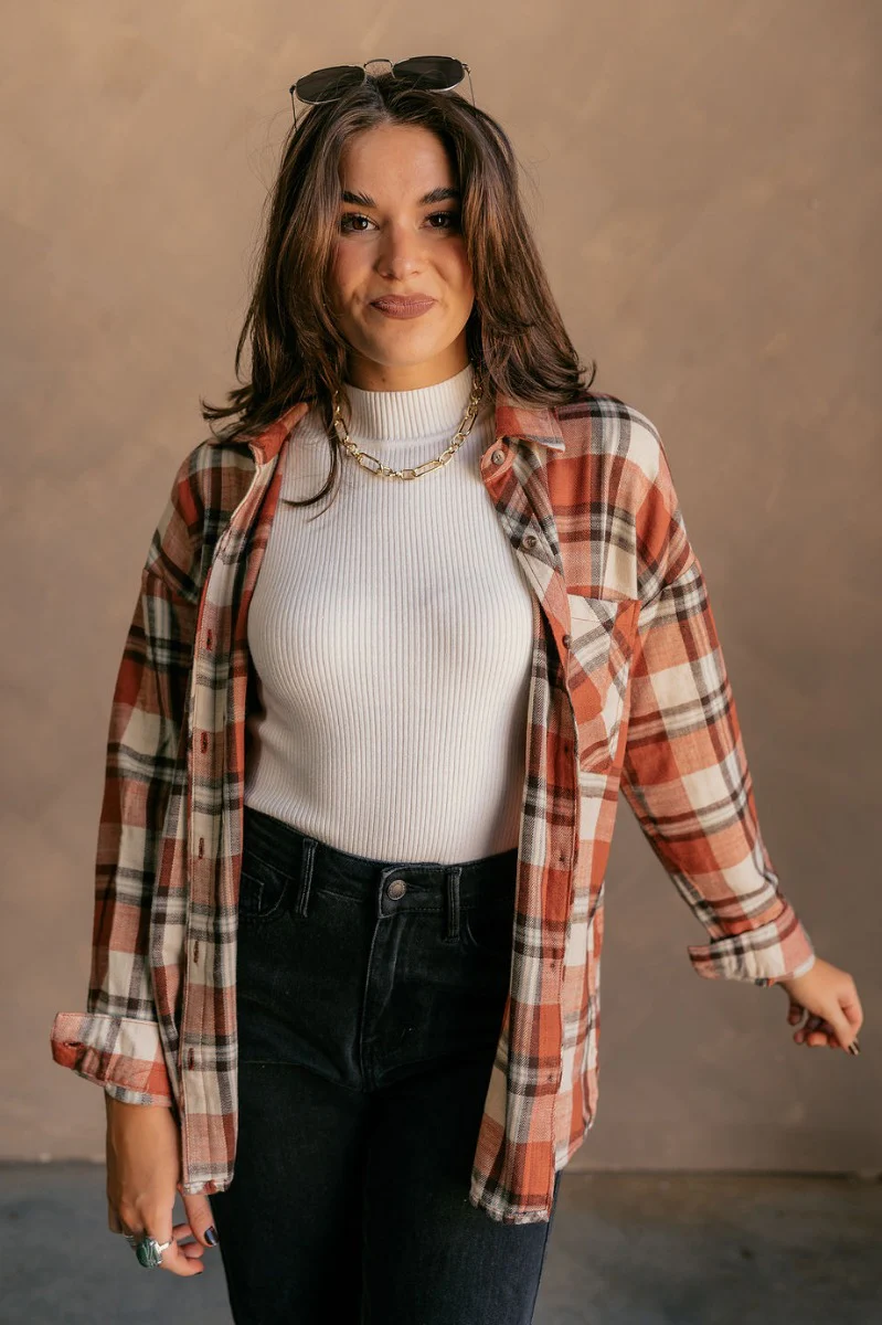 Rowan Rust Multi Plaid Button Up Long Sleeve Top - Image 6
