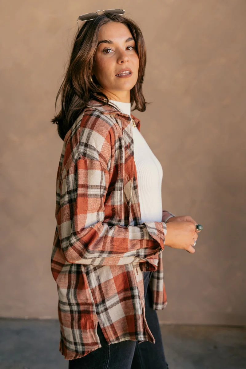 Rowan Rust Multi Plaid Button Up Long Sleeve Top - Image 7