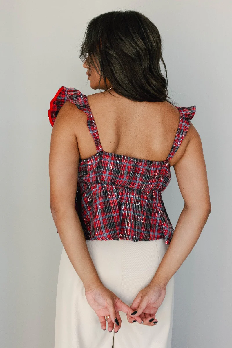 Ruby Red Multi Plaid Sequin Ruffle Tank - Image 4