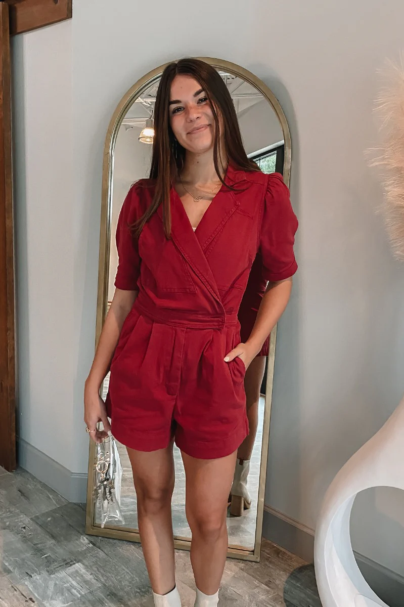Running The Show Denim Romper In Crimson