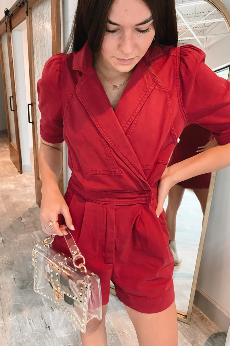Running The Show Denim Romper In Crimson - Image 2