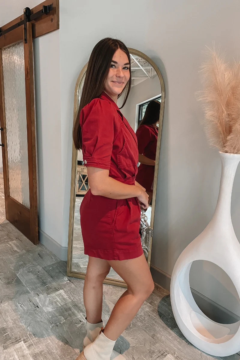 Running The Show Denim Romper In Crimson - Image 3