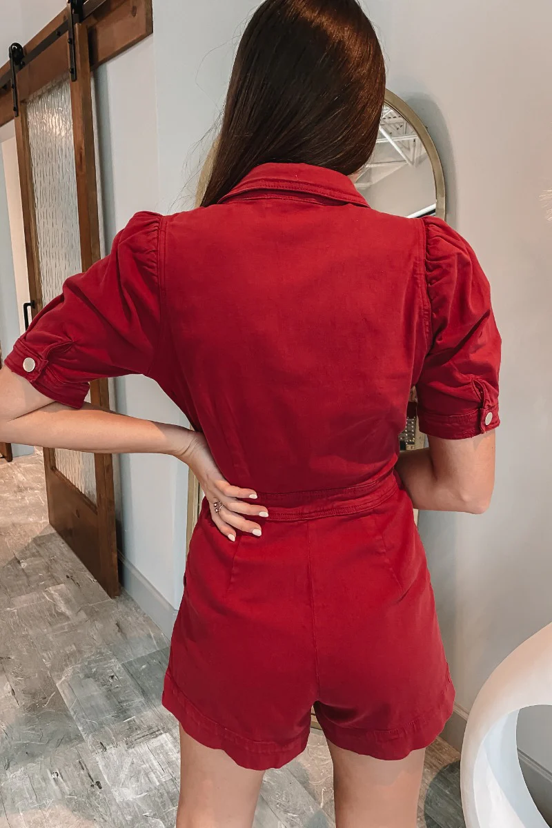 Running The Show Denim Romper In Crimson - Image 5