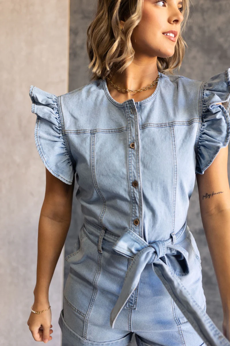 Ruth Light Denim Ruffle Short Sleeve Romper - Image 5