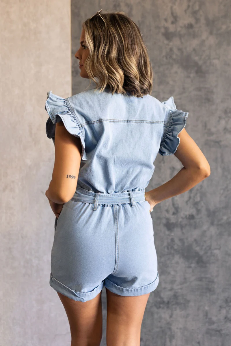 Ruth Light Denim Ruffle Short Sleeve Romper - Image 6
