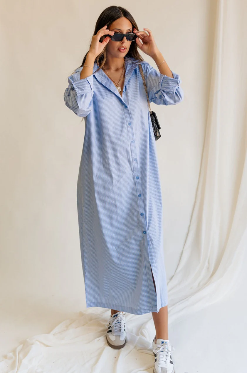 Ryan Blue and White Stripe Button-Up Midi Dress
