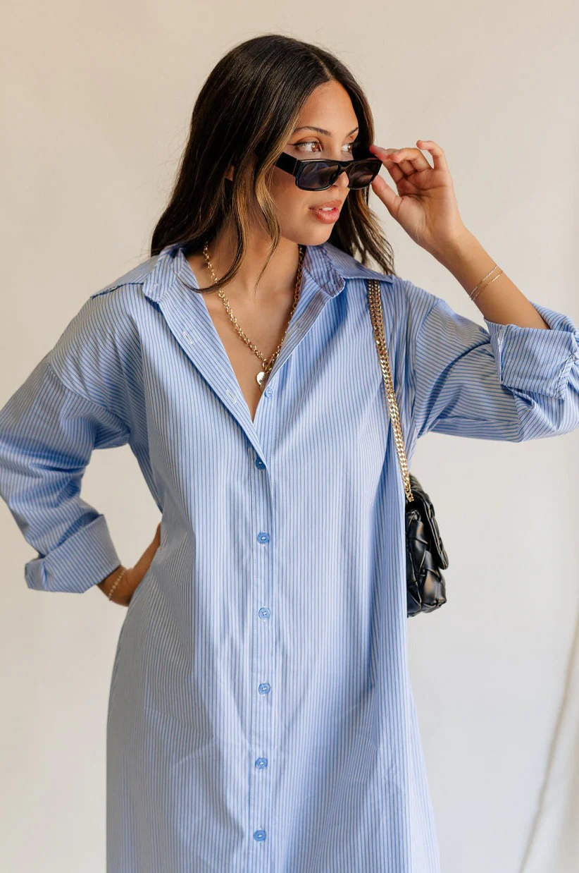 Ryan Blue and White Stripe Button-Up Midi Dress - Image 2