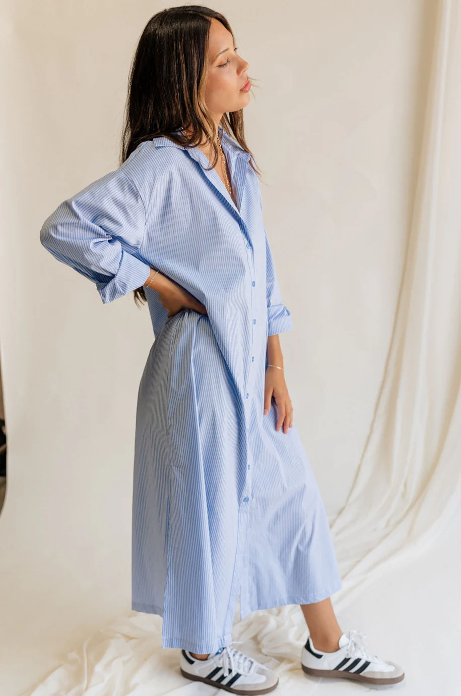 Ryan Blue and White Stripe Button-Up Midi Dress - Image 4