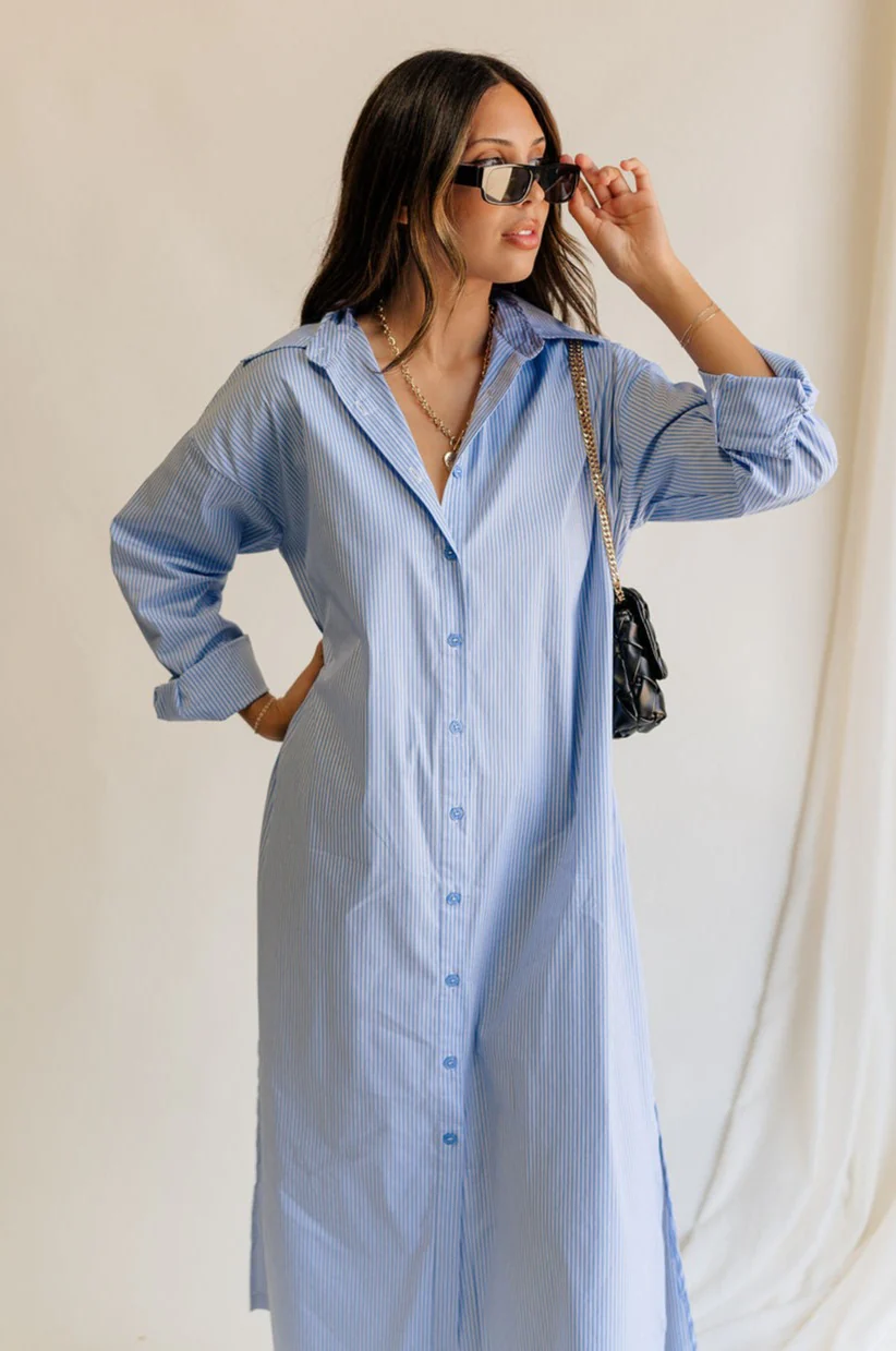 Ryan Blue and White Stripe Button-Up Midi Dress - Image 6